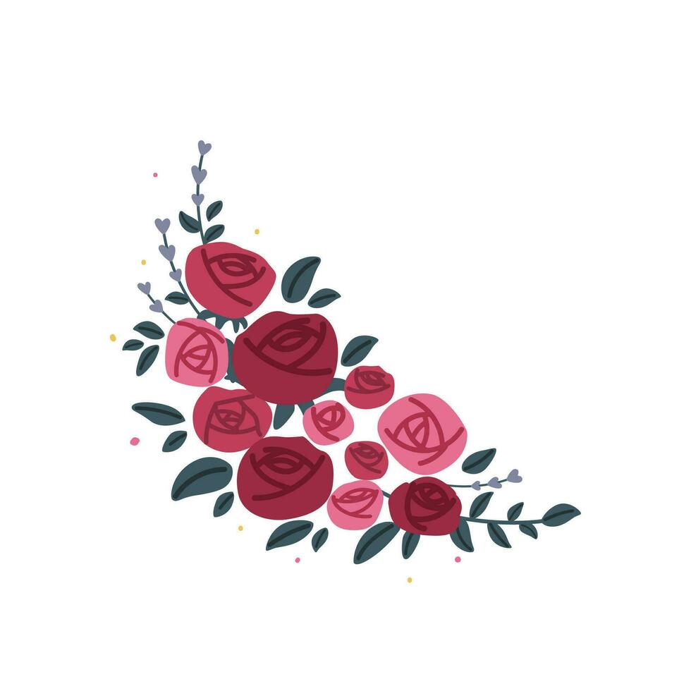einstellen von schön rot violett und Rosa Rosen Anordnung mit Grün Blätter und isoliert Vektor auf Weiß Hintergrund. bunt Blumen- Element zum Hochzeit, Gruß Karte Design oder Grafik Dekoration.