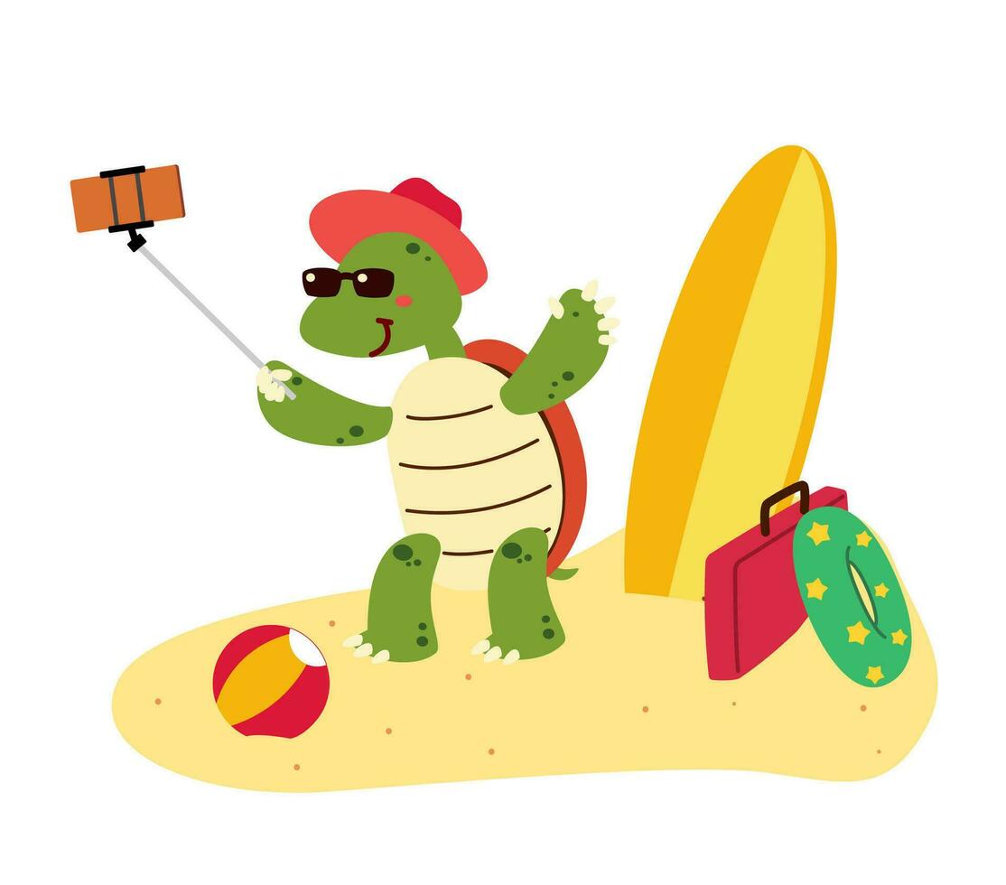 en söt sköldpadda ta en bild på semester tecknad serie karaktär isolerat platt vektor illustration. Hej sumretime. Lycklig semester på de strand.