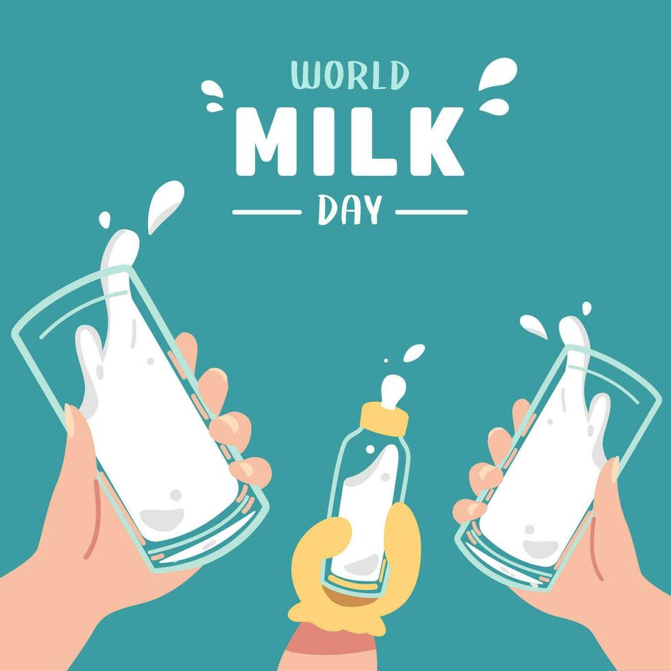 internationell mjölk dag firande. en grupp av vuxen, tonåring, barn, bebis händer dryck en rostat bröd tillsammans begrepp. en massa av stänk mjölk glasögon platt vektor illustration.