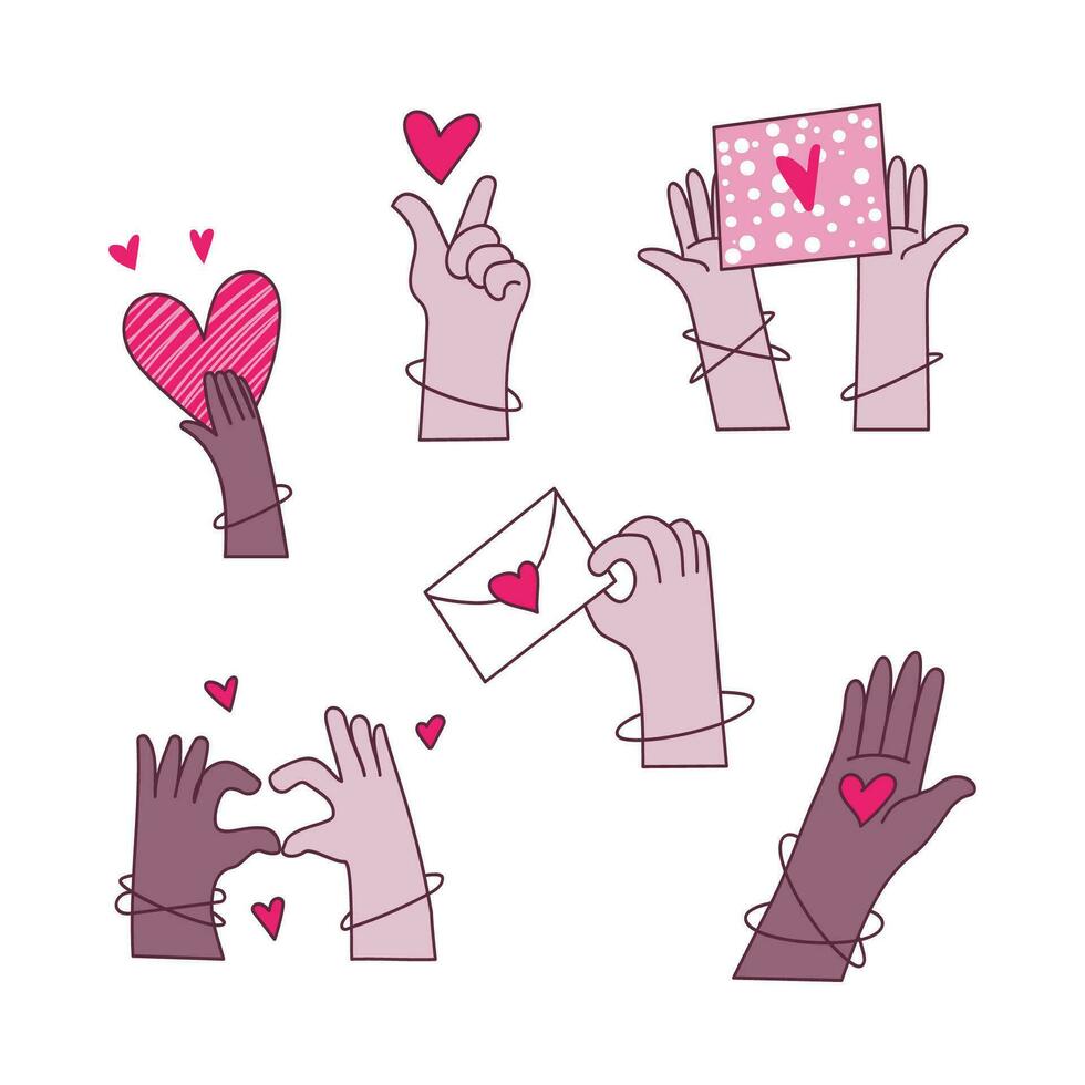 kärlek symboler. händer med romantisk tecken sådan som hjärtan, kuvert och gåva vektor