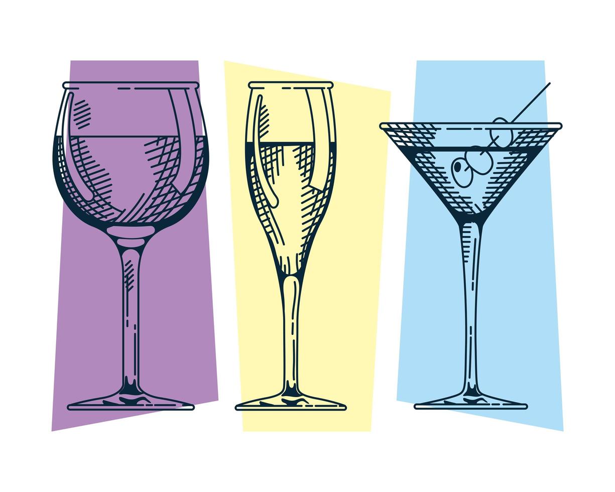 cocktail och vin med champagnekoppar handritstil vektor
