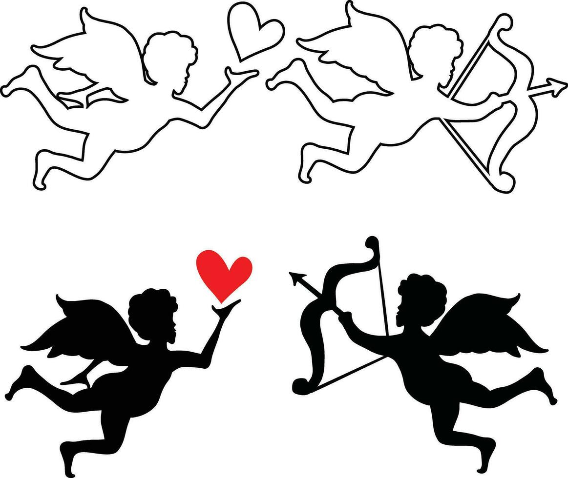 uppsättning av söt cupid kärlek och hjärtans dag symbol. cupid skytte pil vektor
