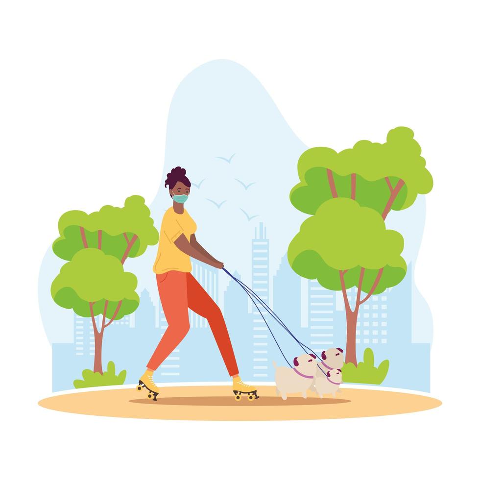 afro kvinna bär medicinsk mask i skridskor med hund utomhus aktivitet landskap vektor