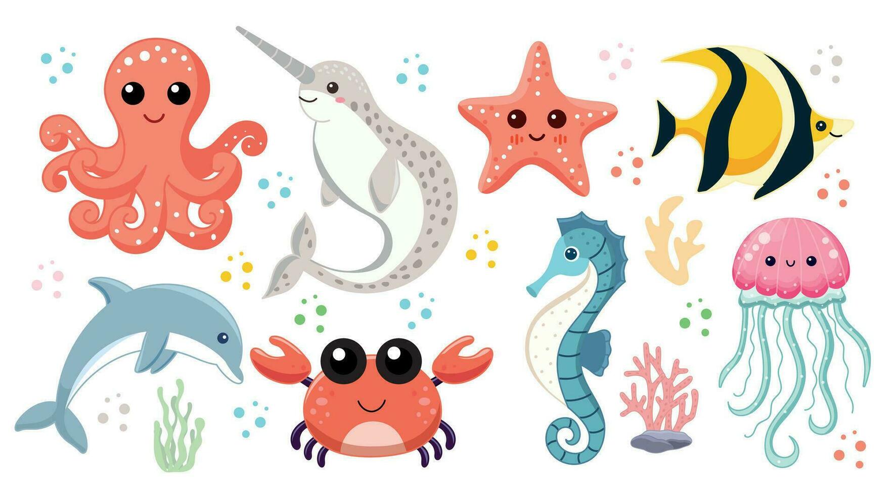 söt hav djur, uppsättning av illustrationer med vatten- invånare av de hav, bläckfisk och narval, sjöstjärna och gul fisk, delfin och krabba, sjöhäst och manet vektor