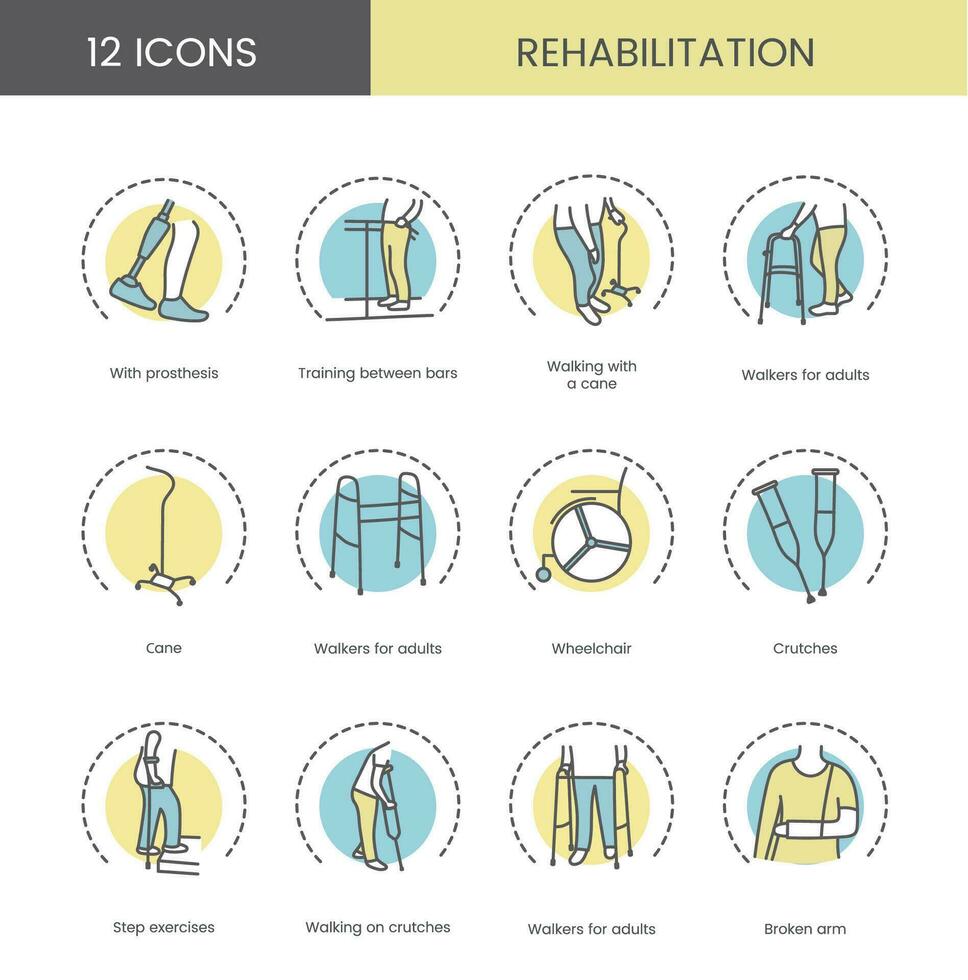 uppsättning av Färg ikoner rehabilitering, vektor illustration vandrare för vuxen, med sockerrör och kryckor, bruten ärm