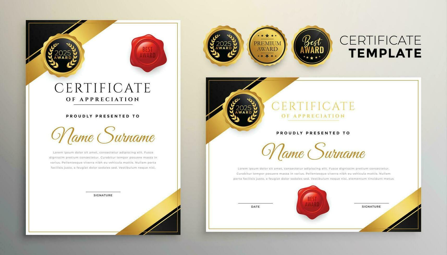 Prämie golden Diplom Zertifikat Mehrzweck Vorlage vektor
