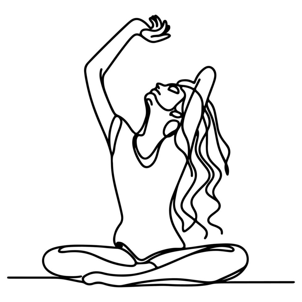 ai generiert Frau tut Übungen mit Hand zu Entspannung Linie Kunst Zeichnung Stil schwarz linear skizzieren, Hand Zeichnung Gekritzel Mädchen beschäftigt, verlobt im Yoga vektor