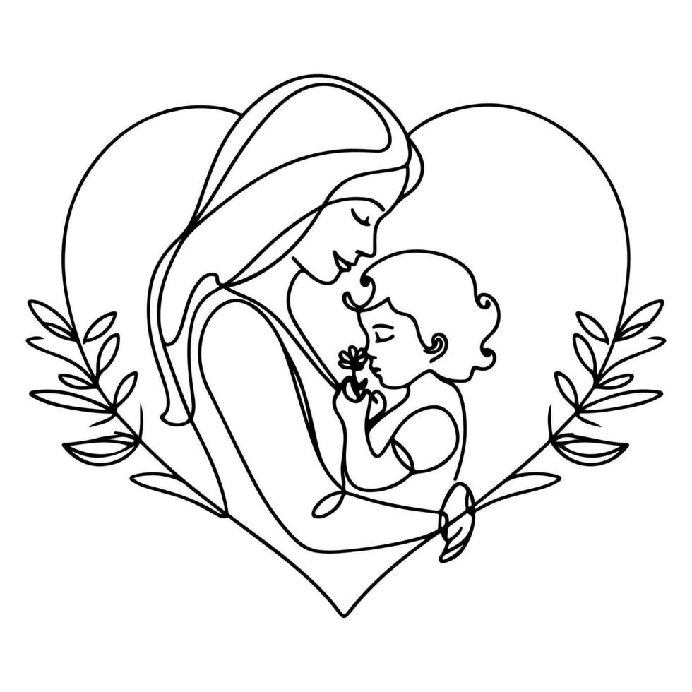 internationell kvinnors dag kort, kvinna innehav henne barn i hjärta med kontinuerlig ett svart översikt linje teckning Lycklig mödrar dag baner klotter stil vektor illustration
