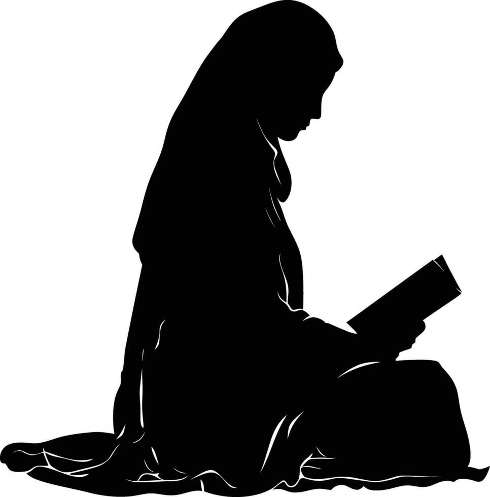 ai genererad silhuett av en muslim kvinna läsning de koranen i svart Färg endast vektor