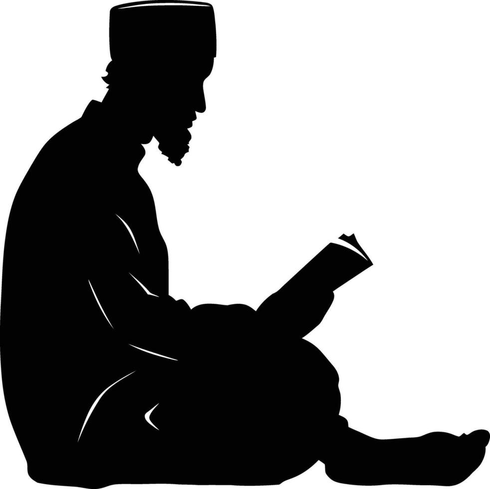 ai genererad silhuett av en muslim man läsning de koranen i svart Färg endast vektor