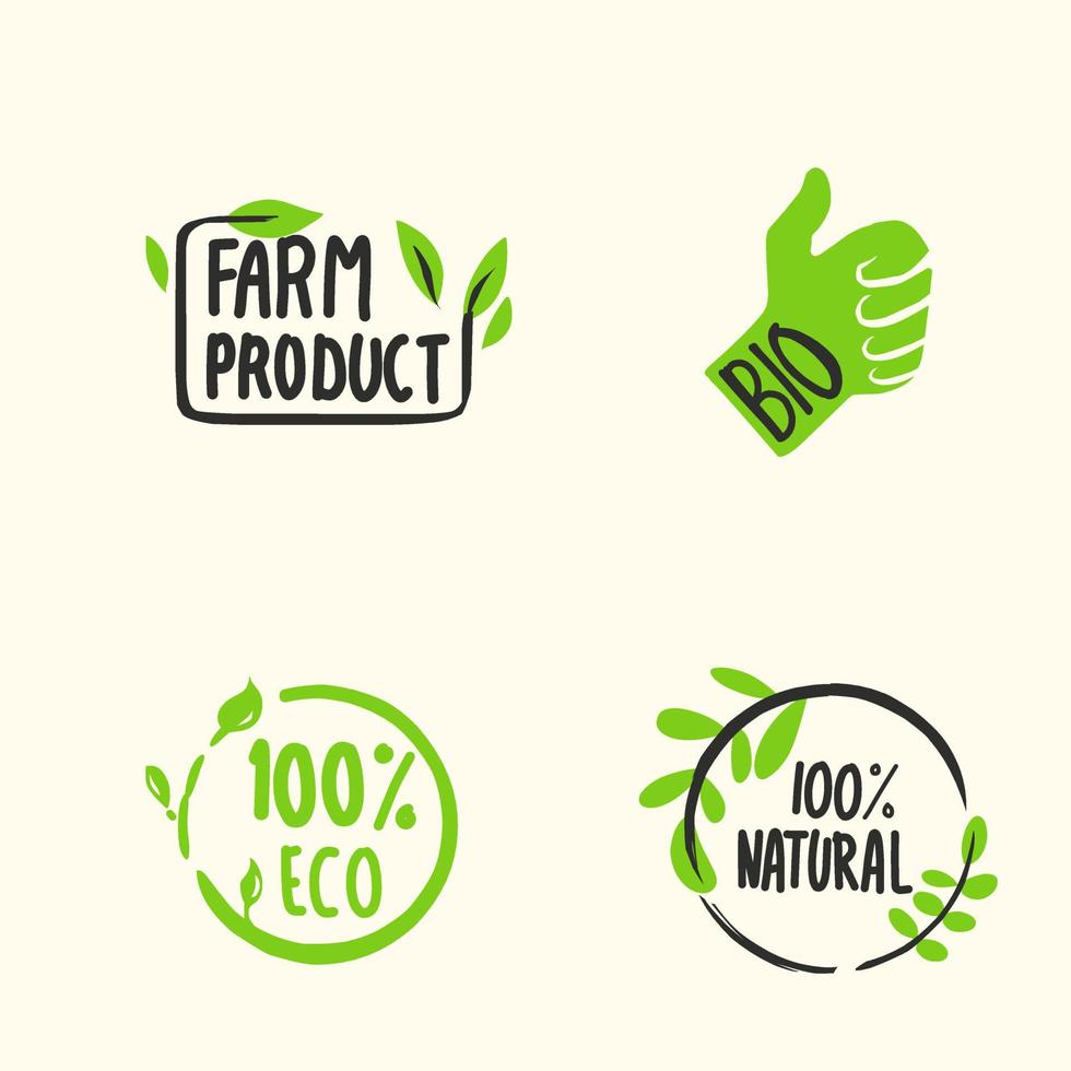 ekologiska etiketter. färska eko -vegetariska emblem, vegansk etikett och hälsosam matlogotyp. klistermärke eller ekologisk produktstämpel. ekologiska etiketter. miljövänligt vegetariskt emblem, vegansk etikett och hälsosam matlogotyp vektor