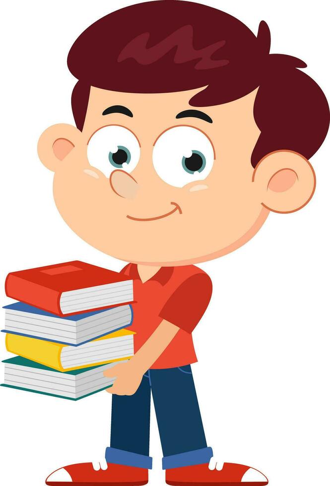 süß Schule Junge Karikatur Charakter halten Stapel von Lehrbücher. Vektor Illustration eben Design