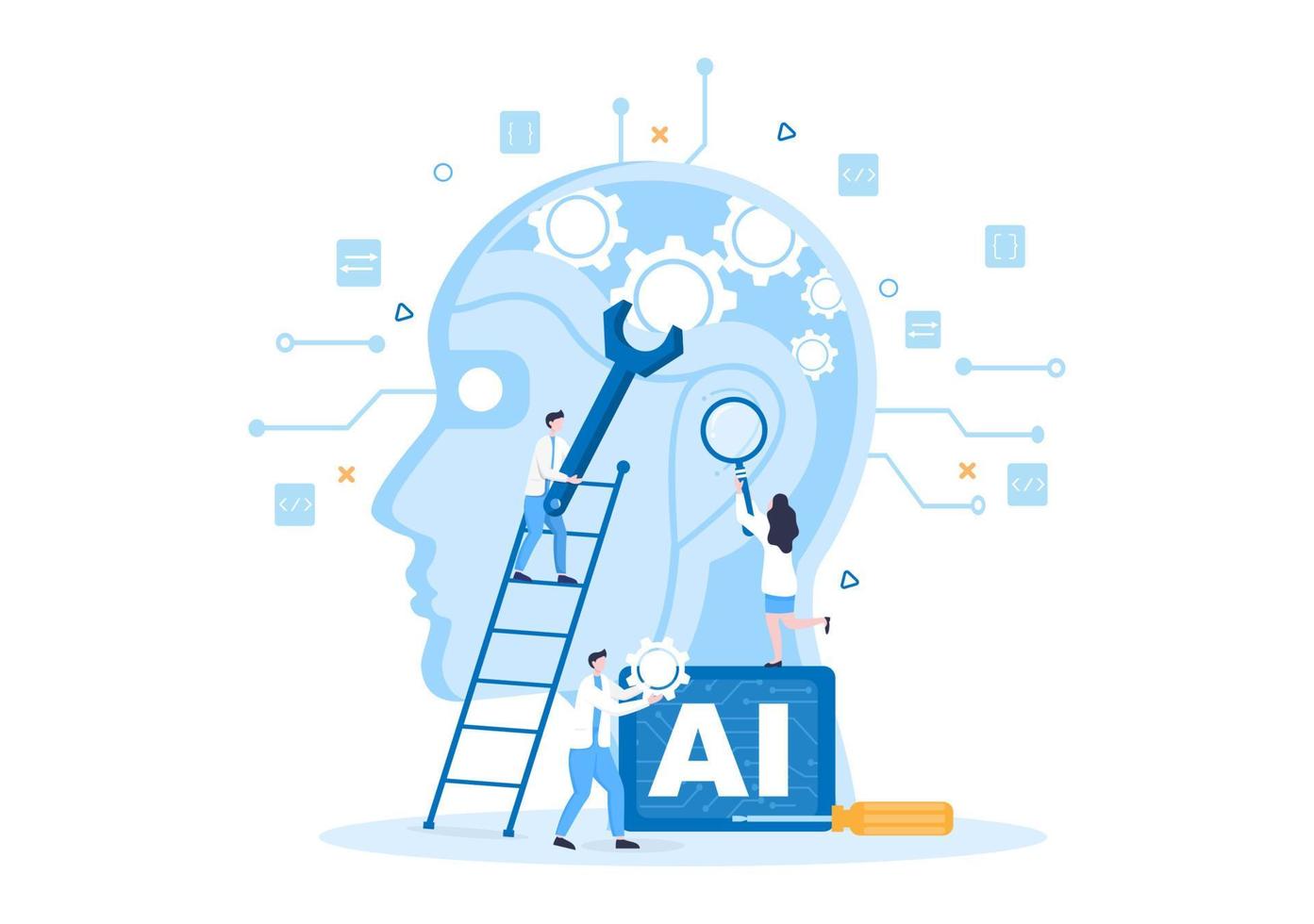 artificiell intelligens digital hjärnteknik och konstruktionskoncept med programmerardata eller system som kan sättas upp i ett vetenskapligt sammanhang. vektor illustration