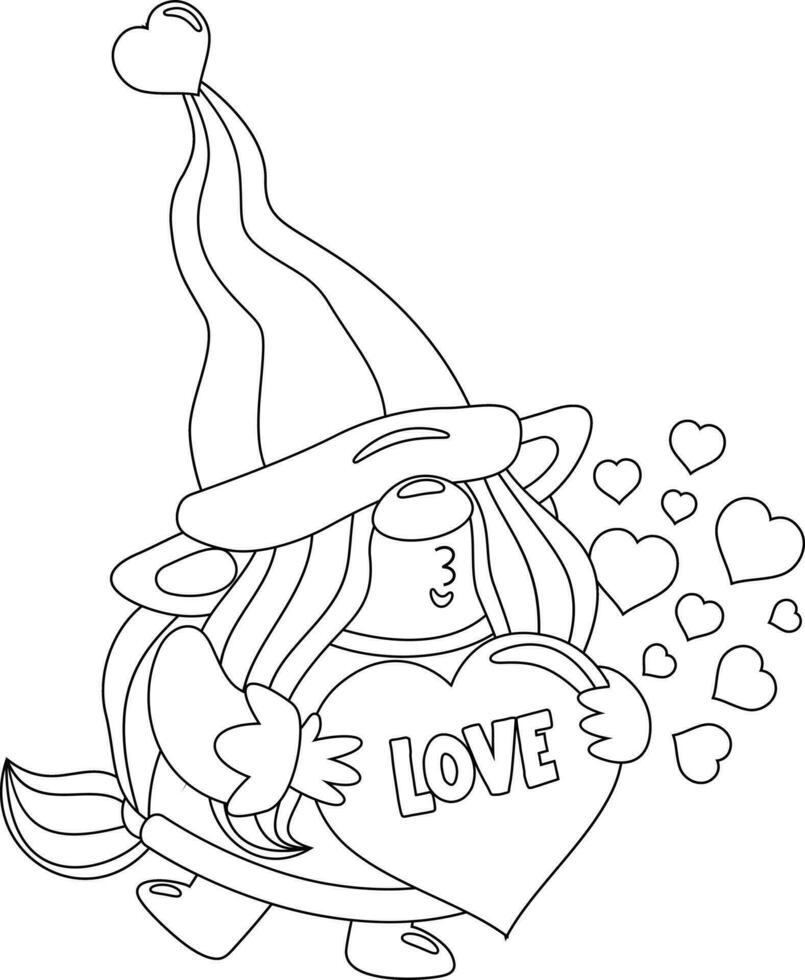 skisse söt valentine kvinna gnome tecknad serie karaktär skickar kyssar och innehav kärlek hjärta vektor