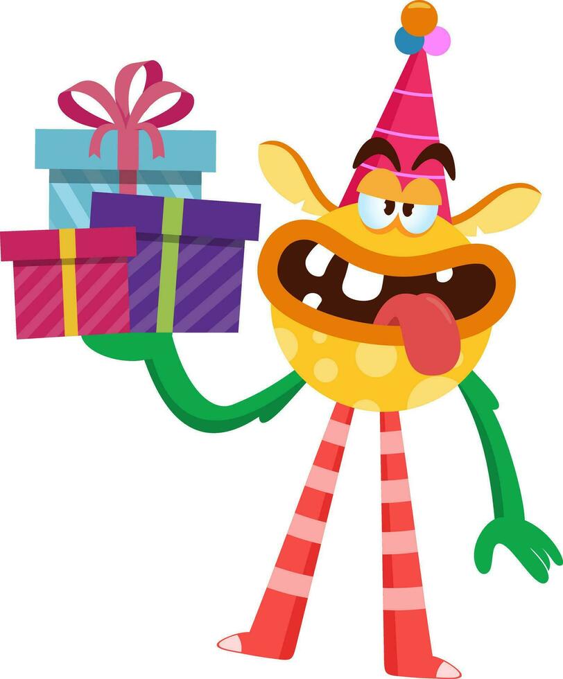 komisch Monster- Karikatur Charakter mit ein Party Hut halten Geschenk Boxen. Vektor Illustration eben Design