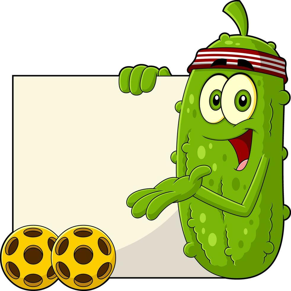 Lycklig ättikslag tecknad serie karaktär som visar en baner med pickleball boll. vektor hand dragen illustration