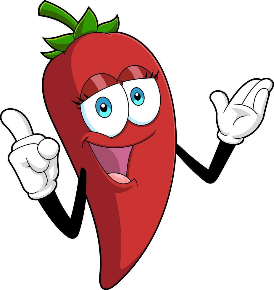 glücklich heiß Chili Pfeffer Karikatur Charakter zeigt. Vektor Hand gezeichnet Illustration
