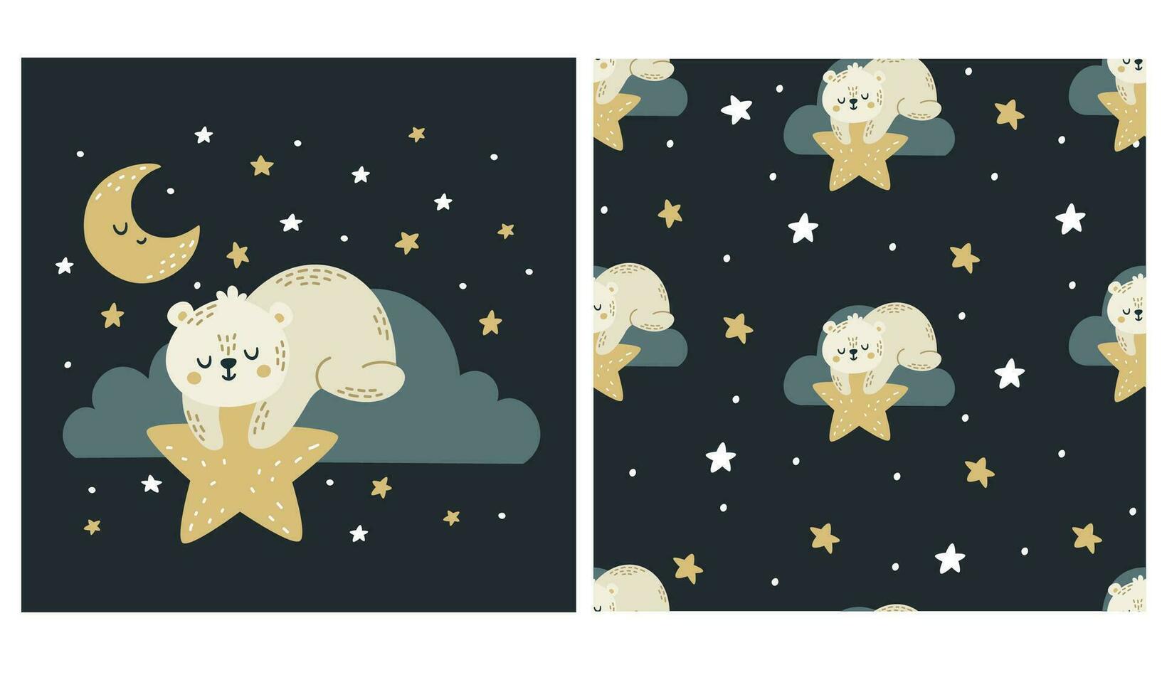 uppsättning av vektor mallar för utskrift på barns Produkter. söt sovande Björn liggande på en moln och innehav en stjärna. sömlös vektor mönster med måne och stjärnor