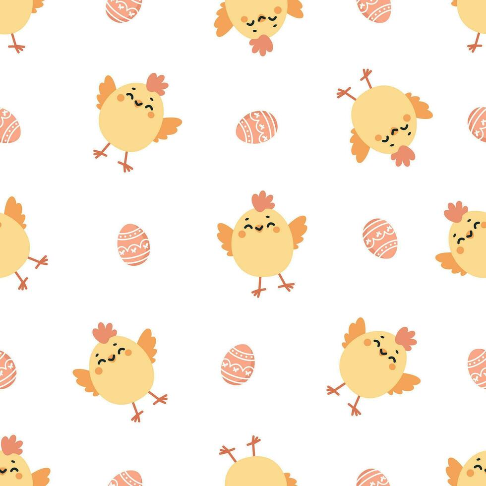 sömlös vektor mönster på vit bakgrund. söt kyckling och påsk ägg