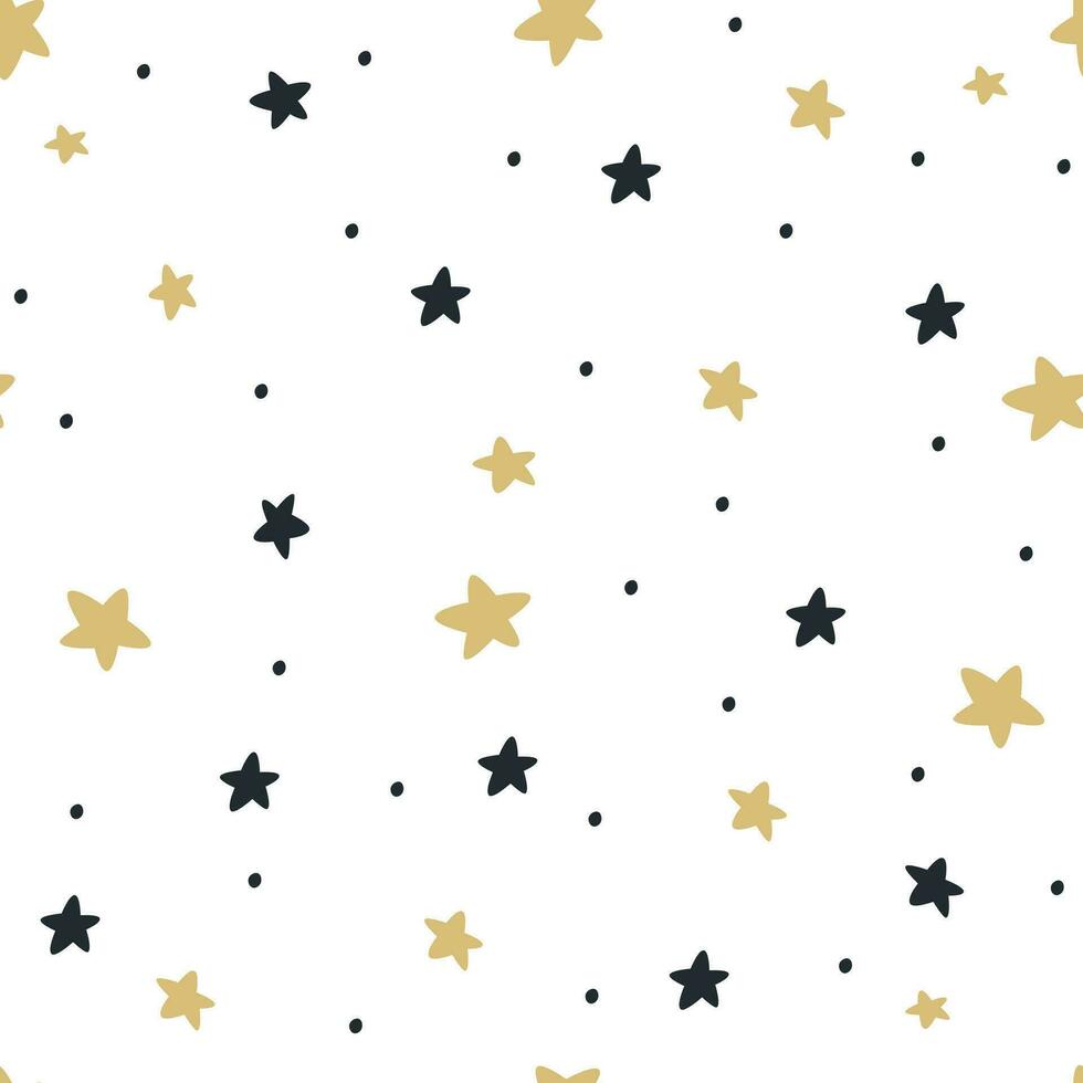 sömlös vektor mönster. trevlig vit och gul stjärnor, natt himmel på en vit bakgrund
