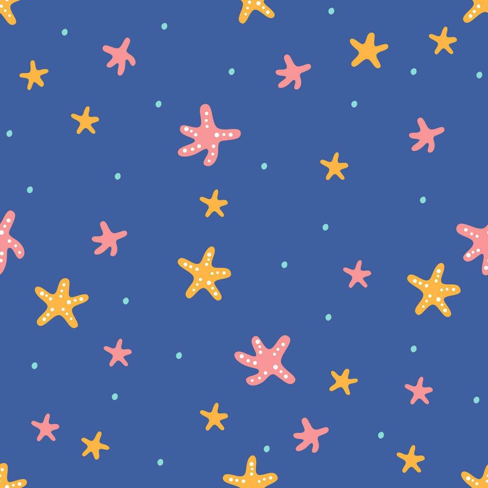 sömlös vektor mönster. söt rosa och orange hav stjärnor på en blå bakgrund. illustration i naiv stil