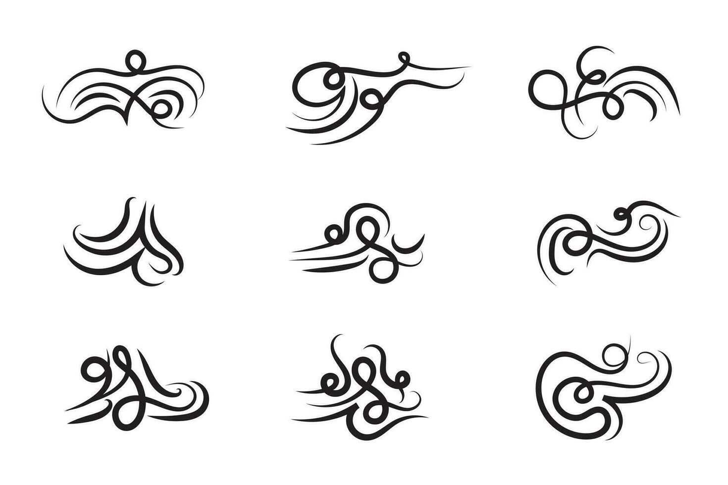 årgång filigran virvlar, kalligrafi tatuering stil dekorativ element, text ornament lockigt linje gungor swash, krusidullar virvlar elegant utsmyckad, frodas virvla runt prydnad stroke, skrolla design vektor