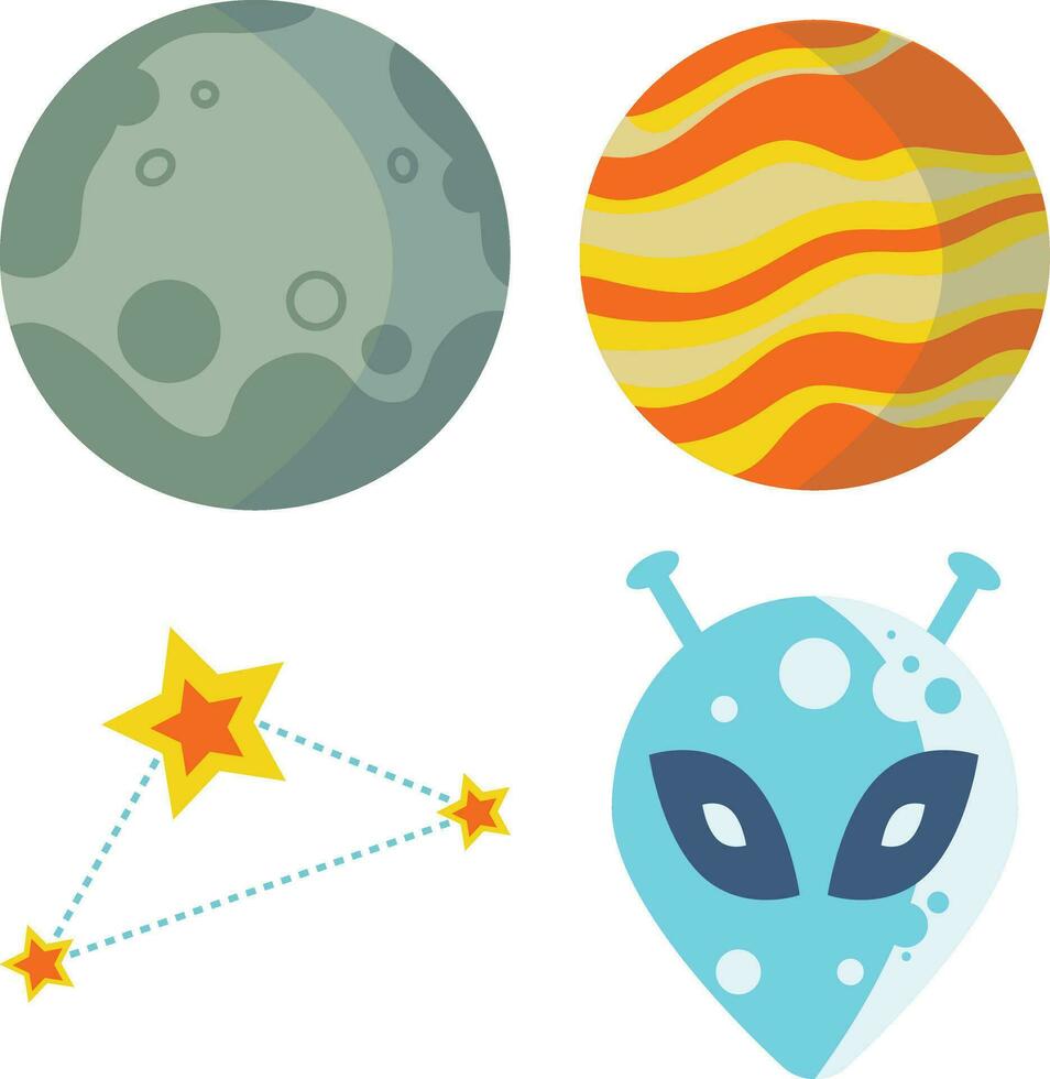 einstellen von äußere Raum Geburtstag. mit Planet, UFO, und Satellit. Vektor Illustration.