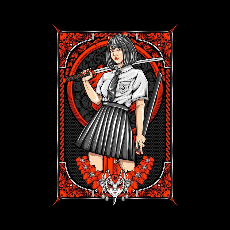Samurai Dame Illustration zum t Hemd Design vektor
