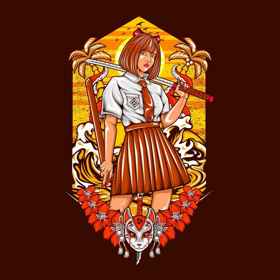 samuraj lady illustration för t skjorta design vektor