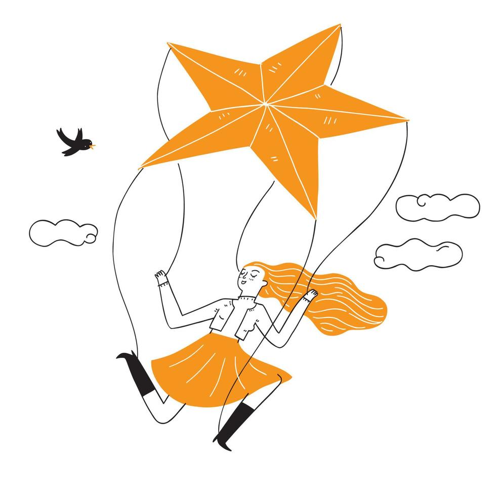 junge Mädchenpuppe wird von einem orangefarbenen Stern gespielt. vektor