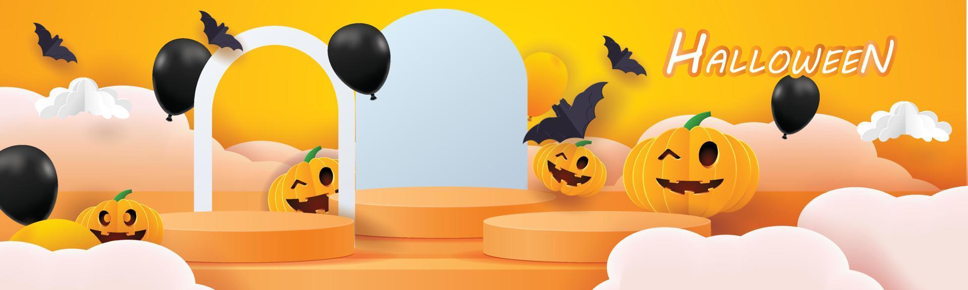 Podium happy halloween vektor illustation kürbis orange backgroung standszene für produkt