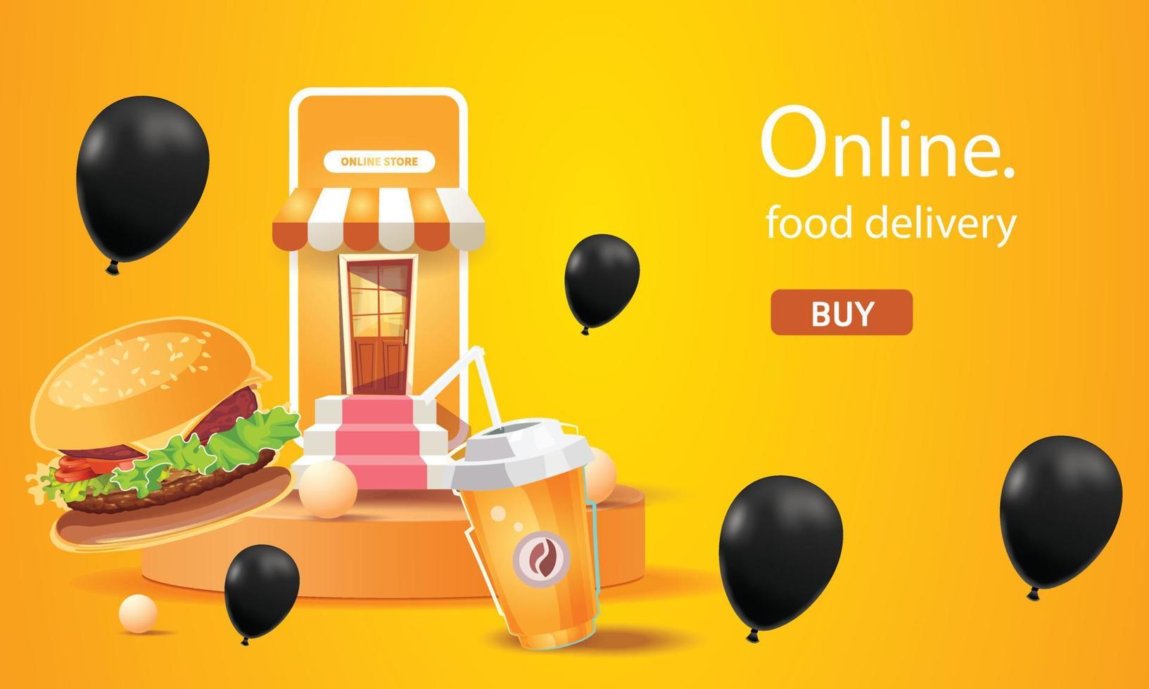 Lebensmittellieferung online am Telefon orangefarbener Hintergrund Vektor-Illustration Fastfood-Design-Konzept Business-Shop-Förderung Transport nach Hause vektor