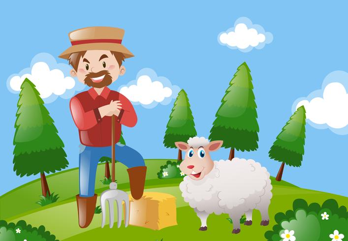 Bauer und Schafe auf dem Hof vektor