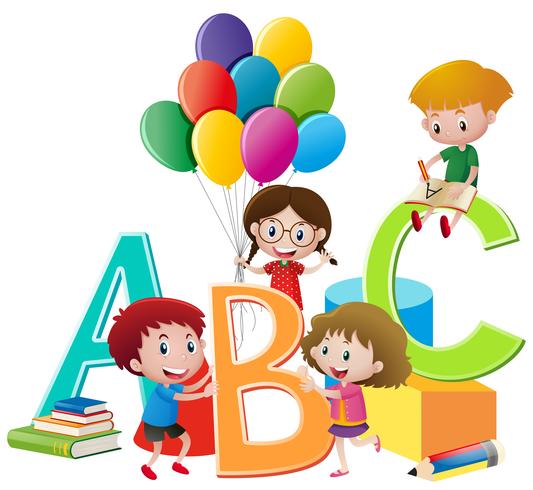 Kinder spielen Spielzeug und englische Alphabete vektor