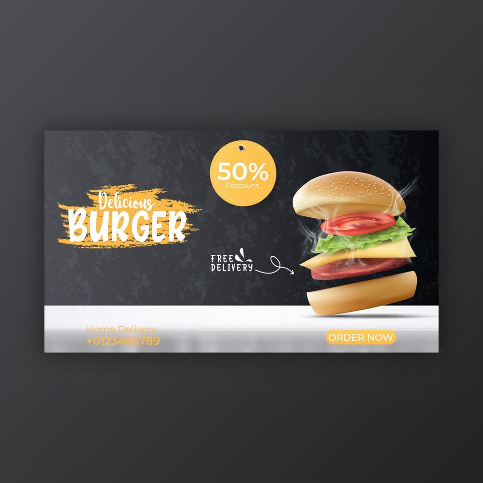 Burger- und Lebensmittelmenü-Social-Media-Cover-Vorlage für die Werbung. vektor