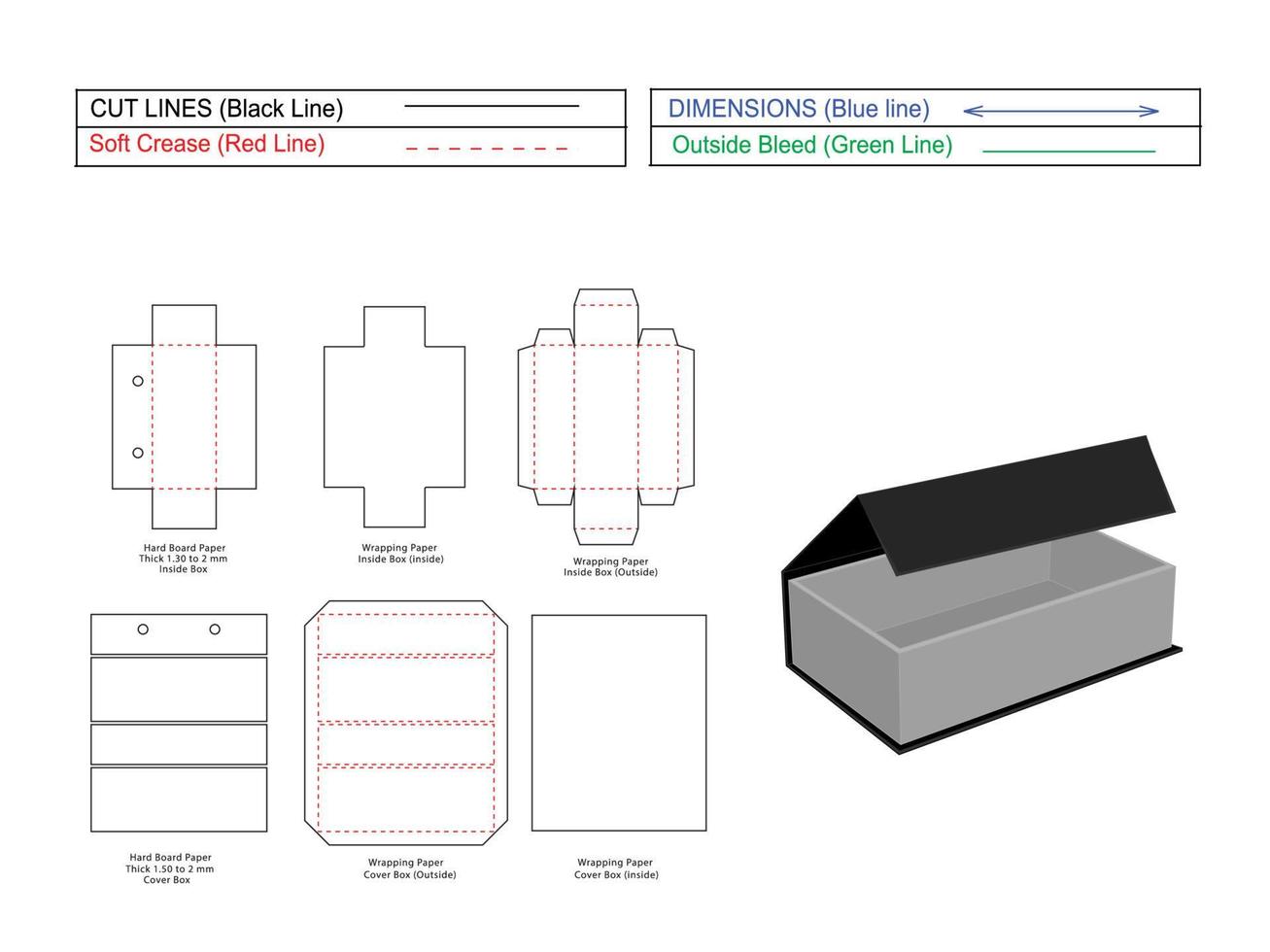 Magnetverschluss starre Box Dieline-Vorlage und 3D-Rendering vektor