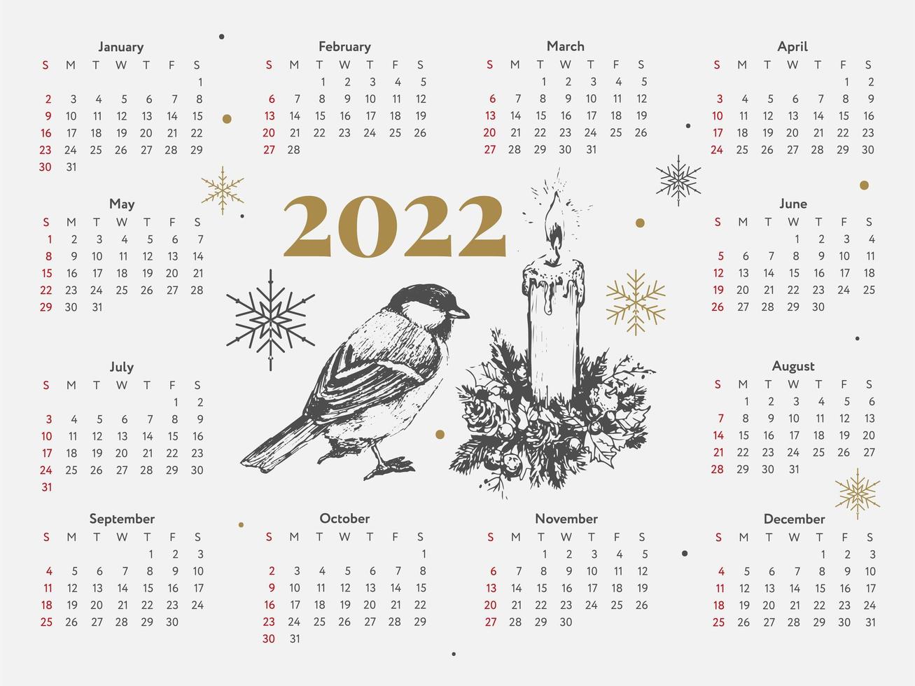 2022 julgran nyår skiss kalender vecka börjar på söndag. vektor