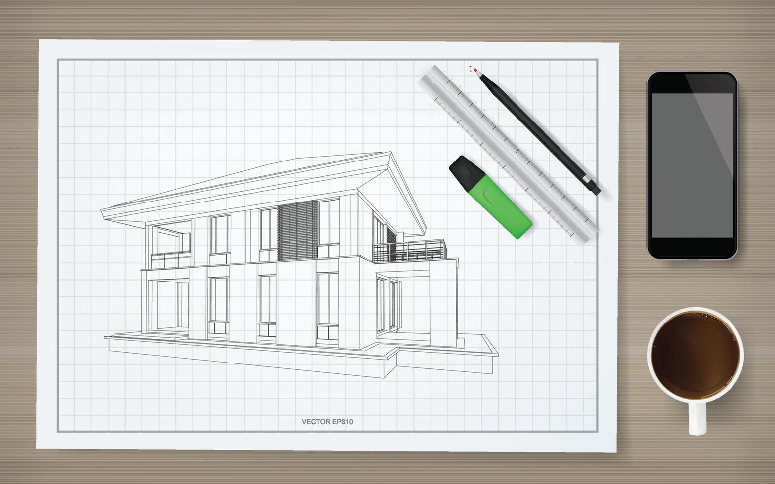 konstruktion papper bakgrund av plan med bild av wireframe hus. abstrakt konstruktion grafisk idé. vektor. vektor