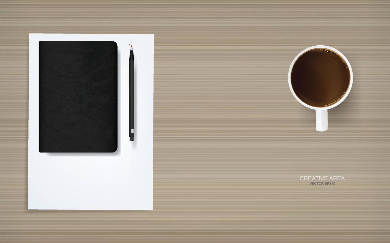 eine Tasse Kaffee mit Notizbuch und Bleistift auf weißem Papierblatt mit Holzhintergrund. Vektor-Business-Hintergrund im Arbeitsbereich. vektor