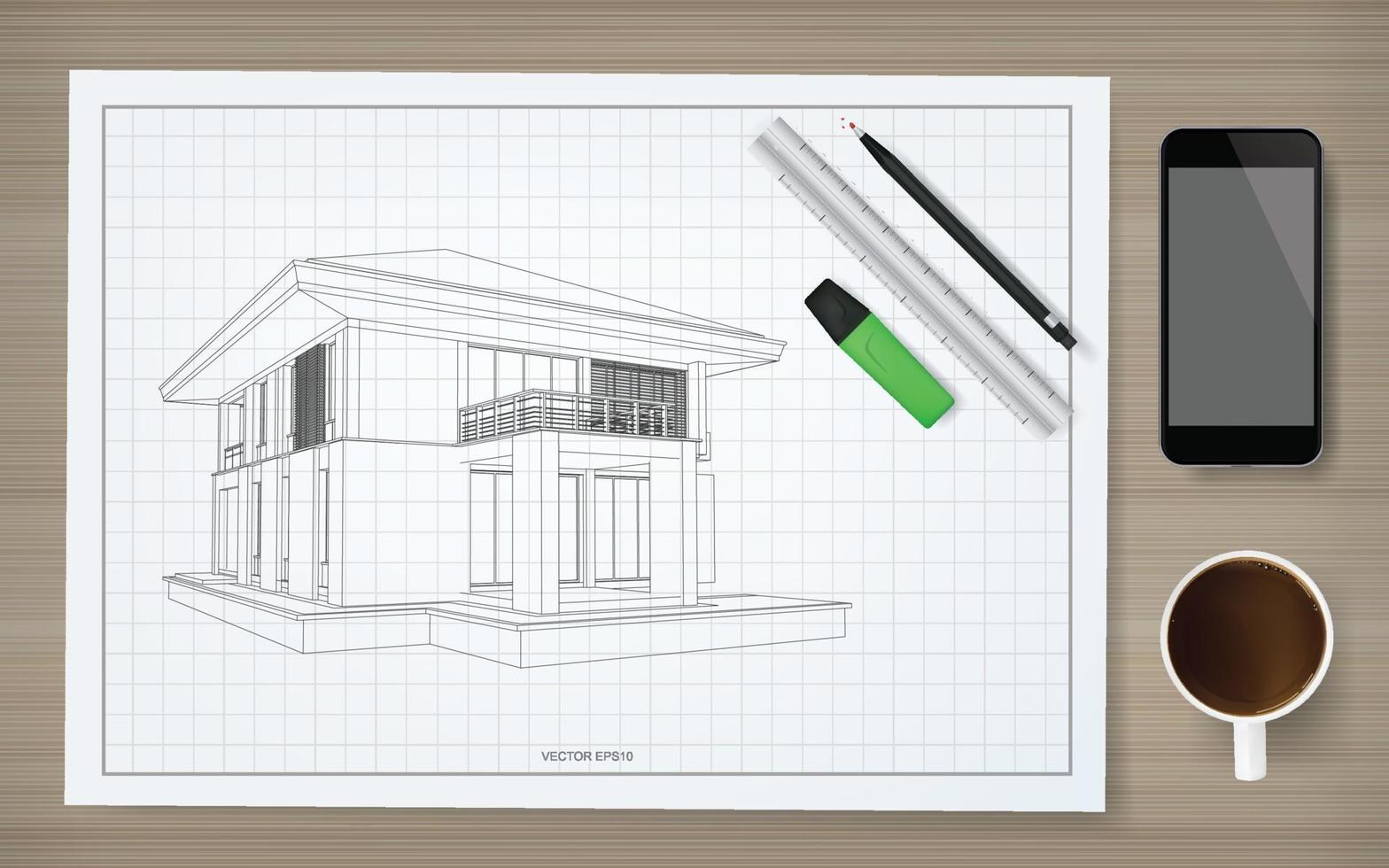 konstruktion papper bakgrund av plan med bild av wireframe hus. abstrakt konstruktion grafisk idé. vektor. vektor