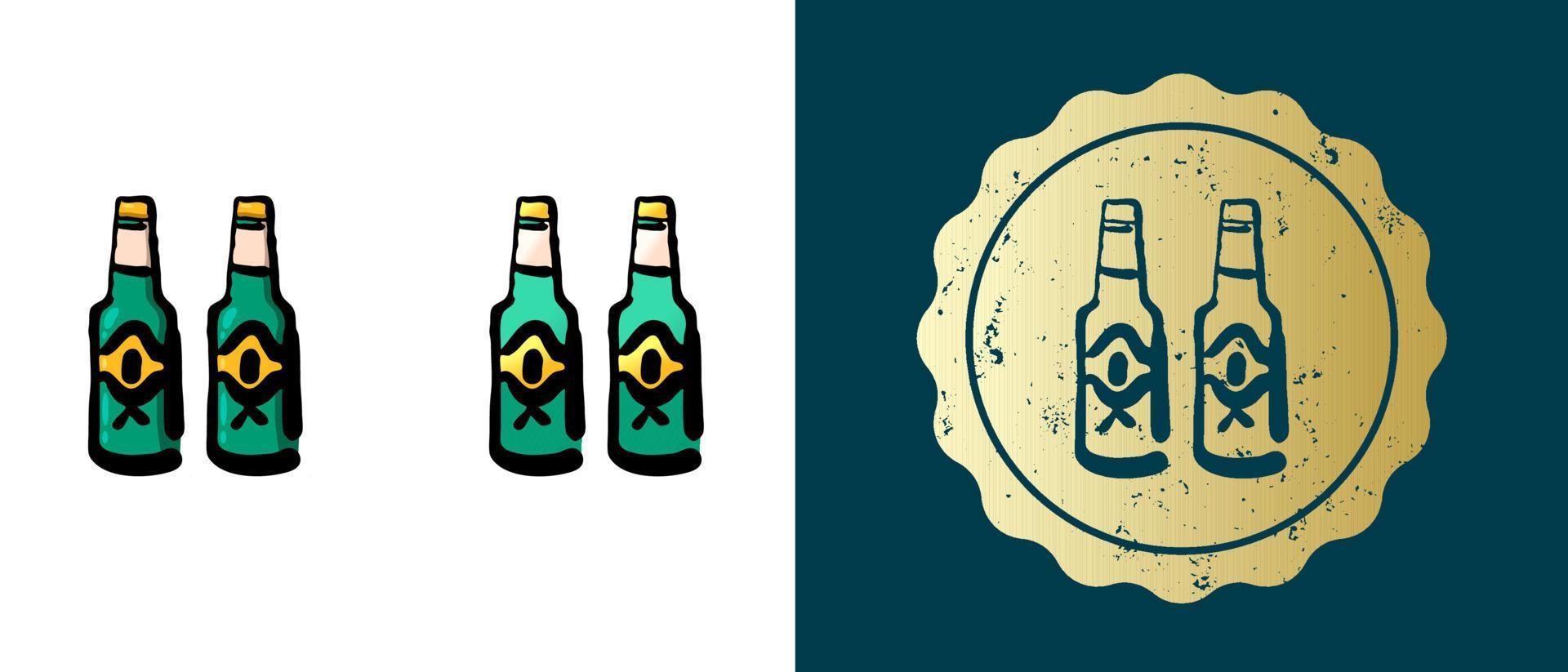Dies ist eine Reihe von Retro-, Kontur- und Farbverlaufssymbolen von Bierflaschen. Dies ist ein goldener Aufkleber, ein Alkoholflaschenetikett. stilvolle Lösung für Verpackungs- und Website-Design. runder Grunge-Goldstempel. vektor