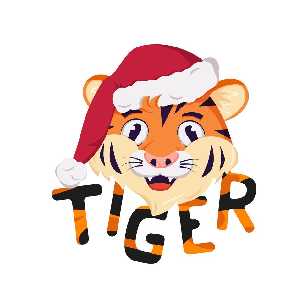 glücklicher Tiger, Symbol des neuen Jahres in der roten Weihnachtsmannmütze. wilde tiere von afrika, gesicht mit freudigen emotionen, feiertagsdekoration mit orange gestreifter schrift vektor