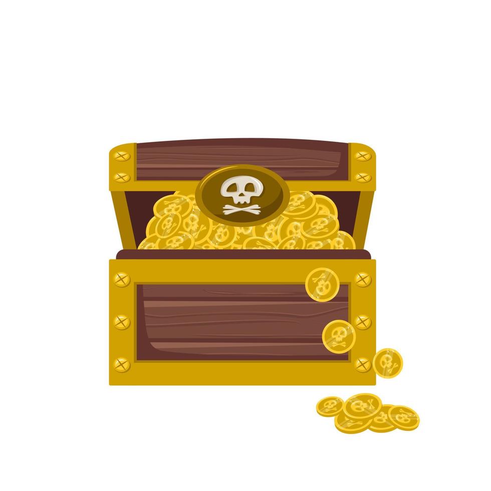 Piraten-Schatzkiste mit Goldmünzen. Symbol für Kinderdesign und Spiele vektor