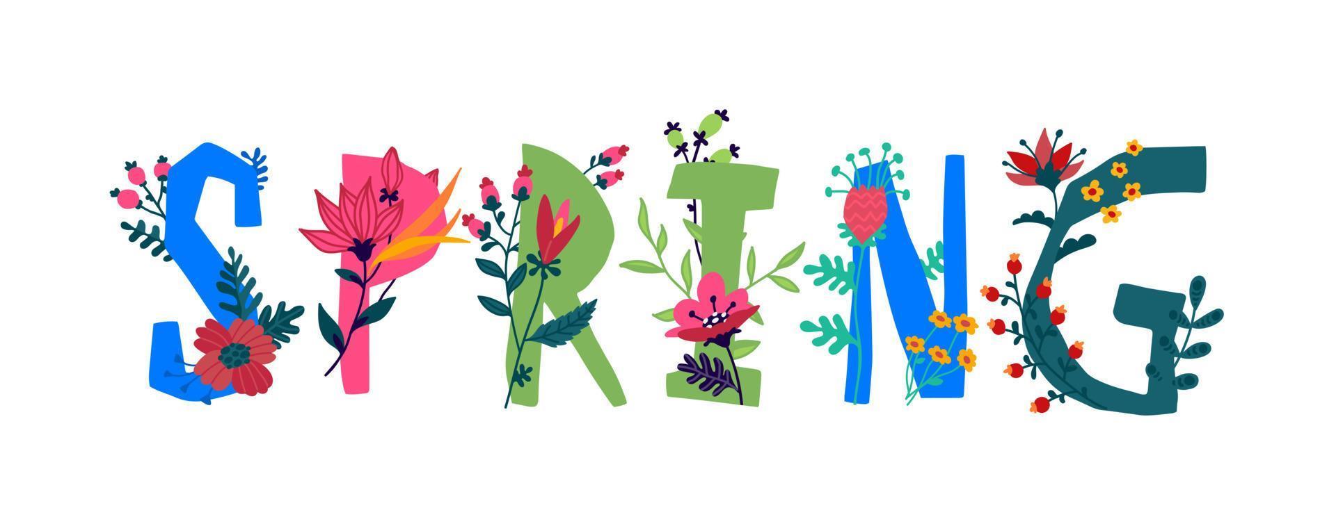 die inschrift frühling auf englisch. Vektor. Briefe. Pflanzen- und Blumenleben. die Macht der Wildtiere. Blumen und Knospen um Buchstaben. der Frühling kam. flacher Stil. Logo für die Einladung. vektor