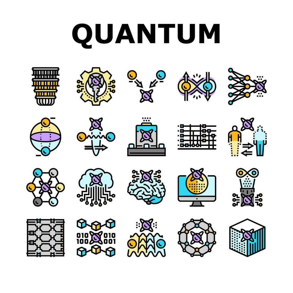 Quantum Technologie Daten Wissenschaft Symbole einstellen Vektor