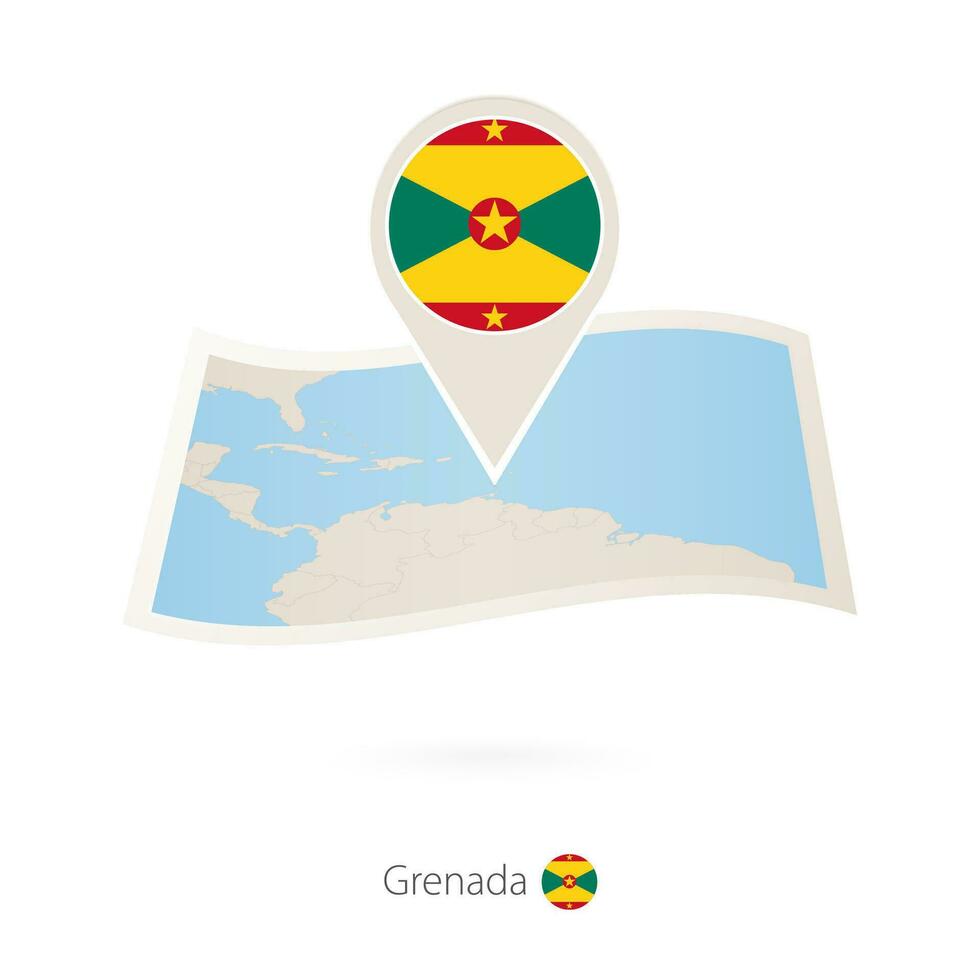 gefaltet Papier Karte von Grenada mit Flagge Stift von Grenada. vektor