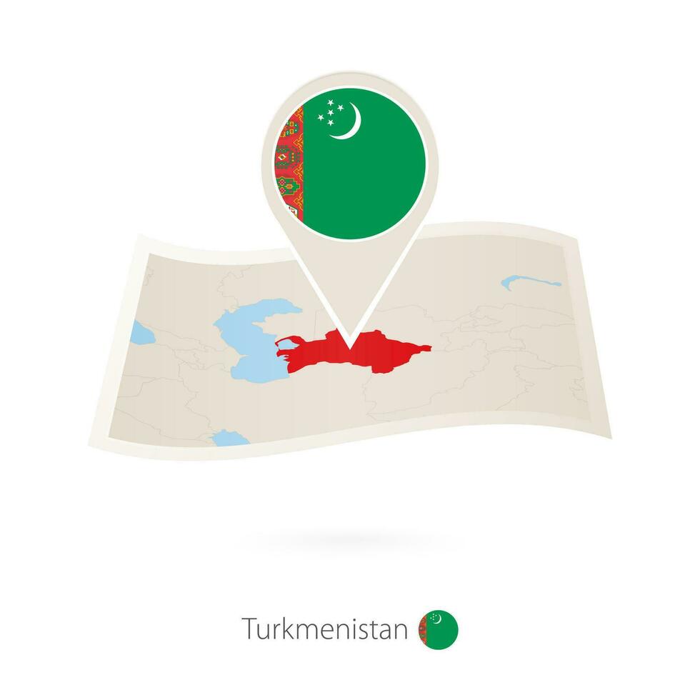 gefaltet Papier Karte von Turkmenistan mit Flagge Stift von turkmenistan. vektor