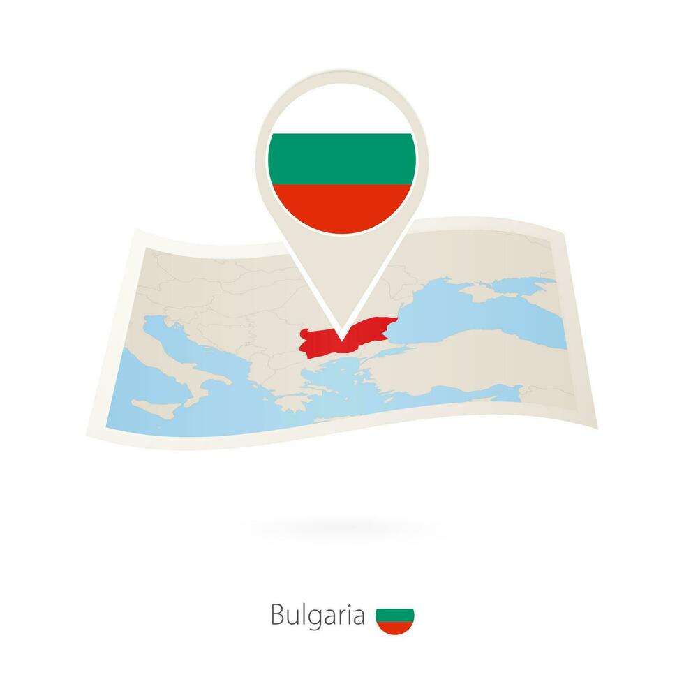 vikta papper Karta av bulgarien med flagga stift av bulgarien. vektor