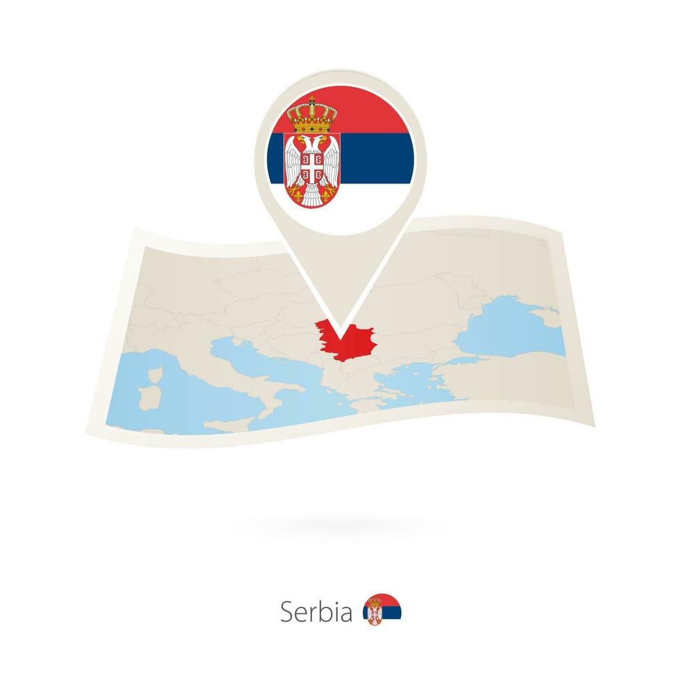 vikta papper Karta av serbia med flagga stift av serbien. vektor