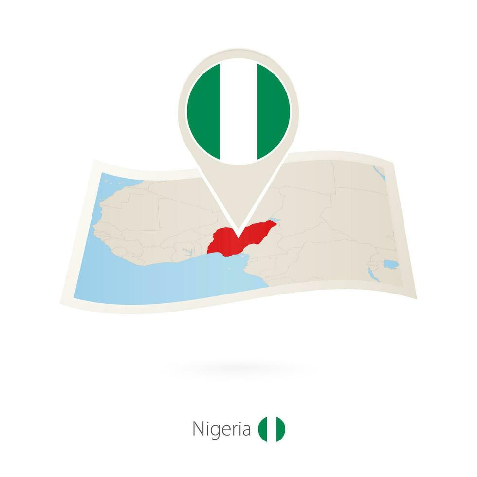 vikta papper Karta av nigeria med flagga stift av nigeria. vektor